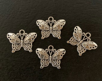 4 silver butterfly charms, metal charms, charm bracelet, butterfly charm, butterfly charms bulk, butterfly charm silver, butterfly pendant