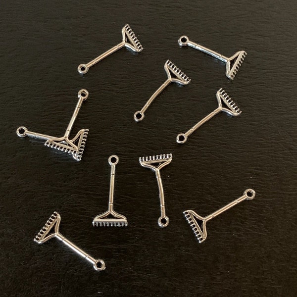 10 mini rake charms, metal charms, charm bracelet, garden tools, garden rake, garden charms, tool charms, gardener charms, mini rake, rake