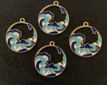 4 enamel wave charms, metal charms, charm bracelet, wave charm, wave pendant, wave circle, gold wave pendant, ocean wave charm, charm wave