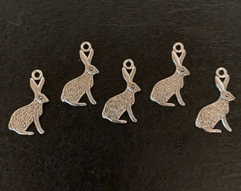 5 silver rabbit charms, metal charms, charm bracelet, rabbit charm, rabbit pendant, silver rabbit, silver rabbit charm, bunny charm, bunny