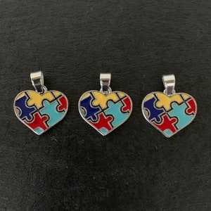 3 silver and multicolor autism heart charms, autism heart, autism charm, autism pendant, heart autism, autism awareness, autism ribbon, bulk