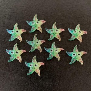 9 rainbow starfish flats, starfish flats, starfish flatbacks, star fish cabochon, beach cabochon, glitter starfish, starfish crafts, rainbow