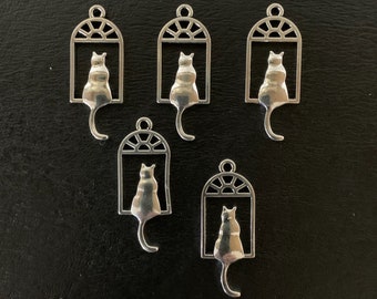 5 cat in window charms, cat in window, metal charms, cat charm, cat charms bulk, silver cat charm, sitting cat charm, cat charm silver, cat
