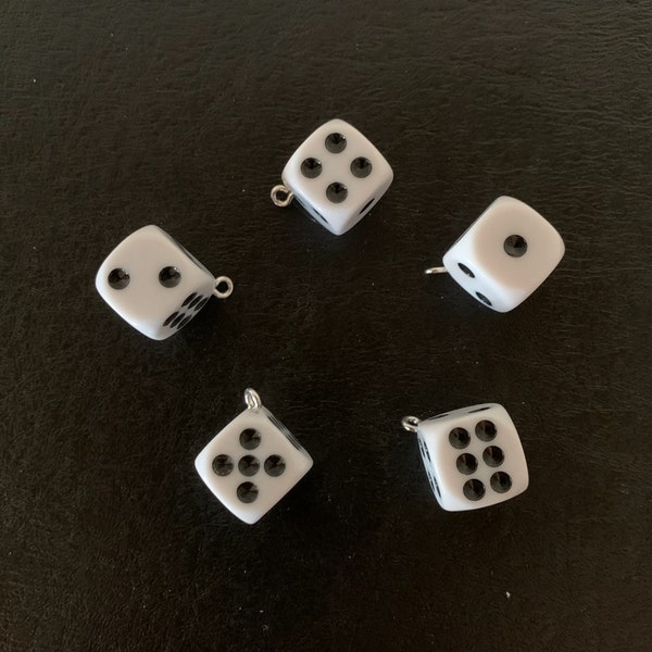 5 dice charms, dice charm, dice pendant, dice jewelry, white dice, white dice set, gambling charms, game charm, number charms, cube charms