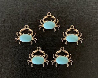 5 blue and gold crab charms, crab charms, ocean charms, beach charms, sea charms, sea creatures, gold crab charm, crab pendant, crab jewelry