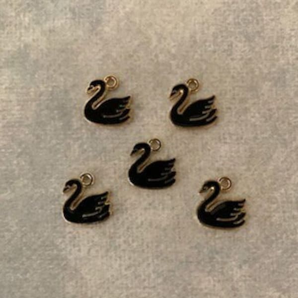 5 black swan charms, black swan, black swan pendant, black swan jewelry, swan charm, miniature swan, bird charm, swan pendant, swan jewelry