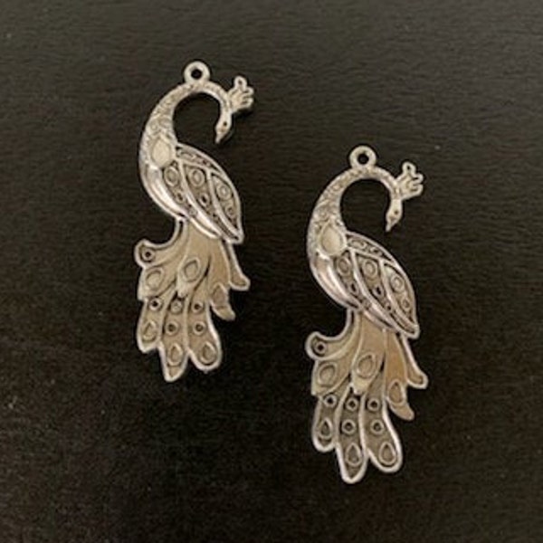 2 large peacock pendants, necklace pendants, earring pendants, peacock pendant, silver peacock, peacock jewelry, silver bird pendant, bird