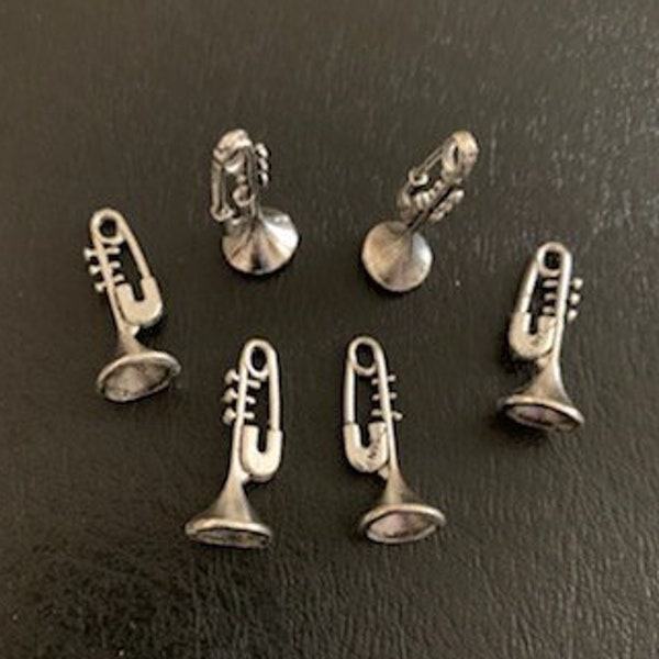 6 pocket trumpet charms, trumpet charm, trumpet pendant, silver trumpet charm, charms trumpet, instrument charms, music charm, music pendant