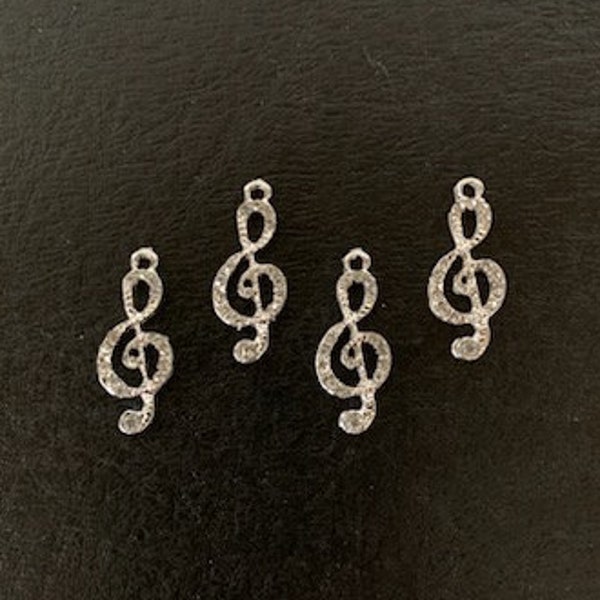 4 rhinestone treble clef charms, treble clef charm, treble clef pendant, music charms, music charms silver, silver music jewelry, music