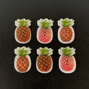 May include: Six decorative wooden buttons shaped like pineapples. Each button features a brown body with a white border, green leaves, and two small holes. The pineapples have a gradient of colors from brown to red.