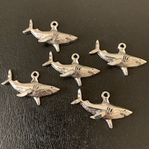 5 silver shark charms, shark charm, shark charms bulk, shark charm silver, shark pendant, shark jewelry, silver shark charms, charm shark