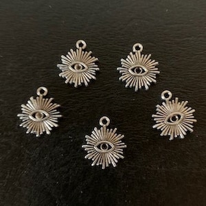 5 evil eye sun charms, metal charms, evil eye charm, evil eye charm bulk, evil eye charm silver, silver evil eye, evil eye sun, sun eye, eye