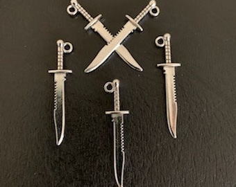 5 dijes de cuchillo de caza, dije de cuchillo de caza, dije de cuchillo, dije de cuchillo, dije de cazador, colgante de cuchillo, dije de cuchillo de plata, pulsera con dije de cuchillo