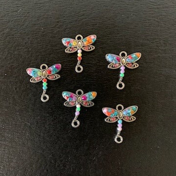 5 random mix silver & bead dragonfly charms, dragonfly charm, dragonfly connector, bead dragonfly, connector charm, silver dragonfly, beaded