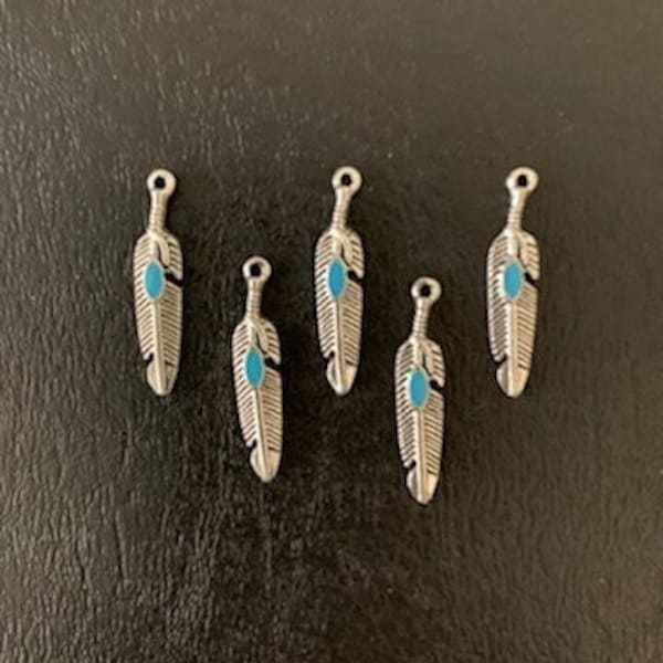 5 silver feather charms, metal charms, feather charm bulk, feather charm silver, turquoise feathers, silver feather charm, native feathers