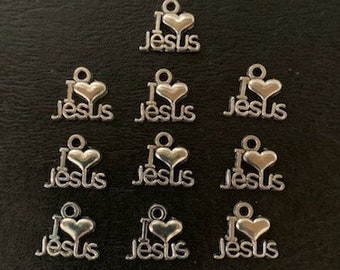 10 I heart Jesus charms, I love Jesus, Jesus charm, Jesus charm bracelet, religious charm, religious charm bulk, silver jesus charm, jesus