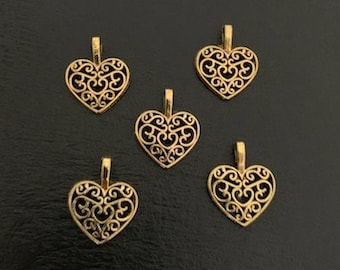 5 gold heart charms, metal charms, gold heart charm, heart charm, heart charms bulk, heart charm gold, filigree heart charms, charm heart