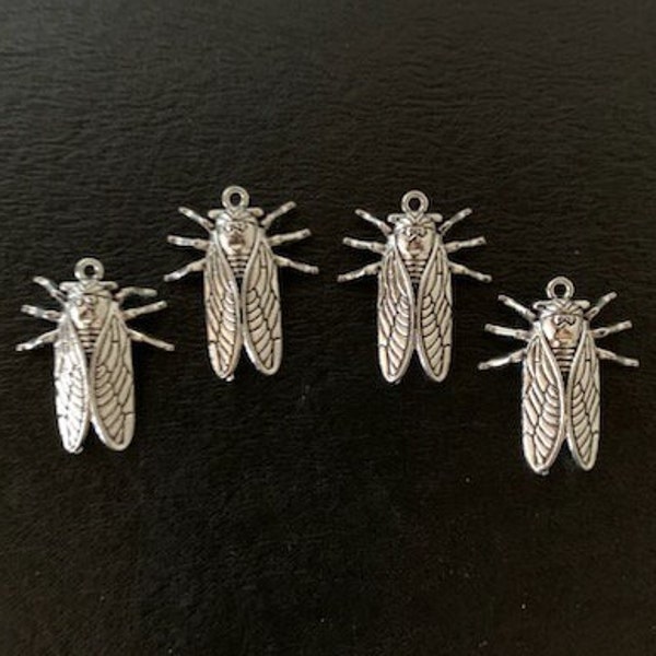 4 silver cicada charms, cicada pendant, cicada jewelry, cicada gift, insect charm, entomologist gift, bug charm, insect pendant, bug pendant