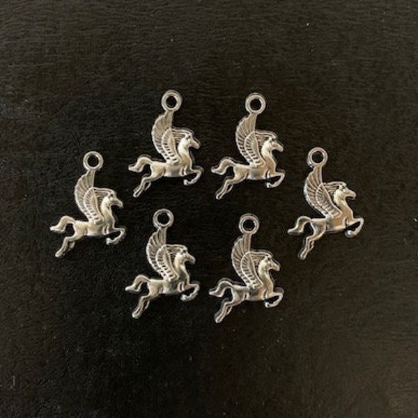 6 silver pegasus charms, pegasus charm, pegasus pendant, pegasus jewelry, flying horse, winged horse, horse with wings, silver horse charm