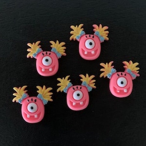 5 neon pink monster head flats, pink monster, monster head, cabochon, monster craft, monster cartoon, halloween cabochons, halloween crafts