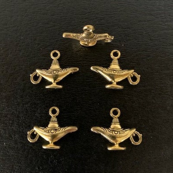 5 gold aladdin lamp charms, metal charms, charm bracelet, alladin lamp, genie lamp charm, genie lamp aladdin, aladdin charms, lamp charm