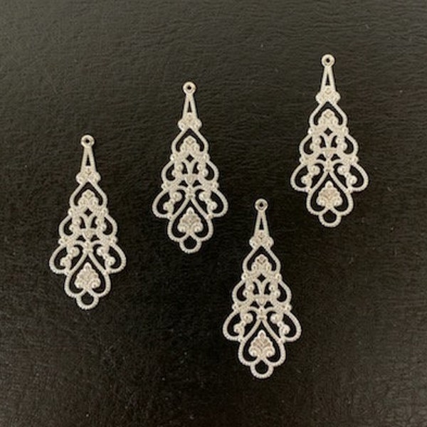 4 chandelier pendants, necklace pendants, earring pendants, chandelier pendant, chandelier charm, silver teardrop, filigree charms, filigree