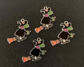 4 flying witch charms, flying witch, flying witch pendant, witch charms, halloween witch, halloween charms, silver witch jewelry, witches
