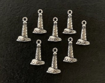 8 small lighthouse charms, lighthouse charm, lighthouse charm bulk, silver lighthouse, charms lighthouse, nautical charms, ocean jewelry