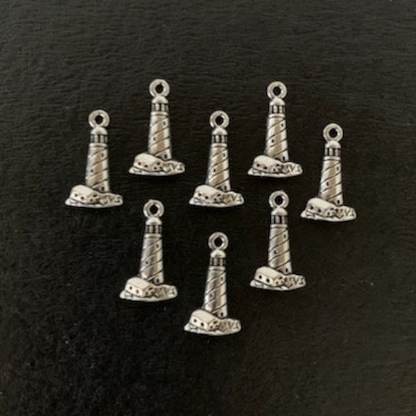 8 small lighthouse charms, lighthouse charm, lighthouse charm bulk, silver lighthouse, charms lighthouse, nautical charms, ocean jewelry