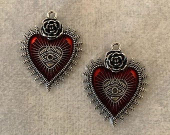2 red gothic heart with eye and rose, heart charms, evil eye charms, eye charms, rose charms, charm bracelet, red heart charm bulk, hearts