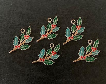 5 christmas holly charms, holly charm, holly berry charm, holly berries, christmas holly, christmas charm, christmas greenery, holiday charm