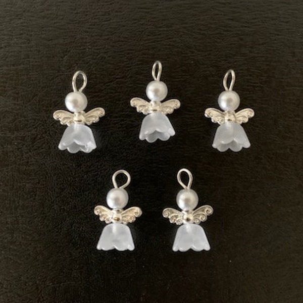 5 pearl angel charms, angel charm, dainty angel, beaded angel charm, beaded angel, pearl and silver, angel pendant, angel jewelry, angels