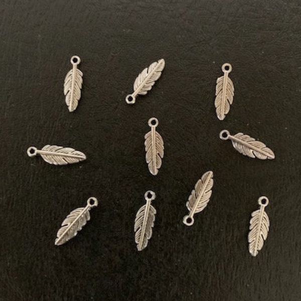 10 mini antique silver feather charms, mini feather charm, feather charm, charm feather, silver feather charm, feather charm silver, feather