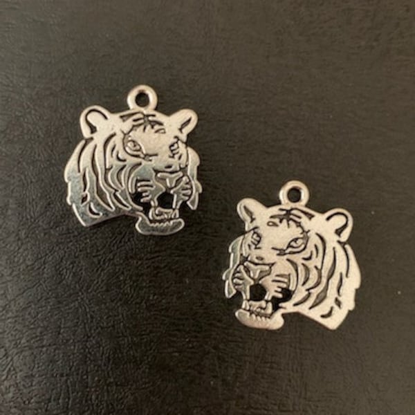 2 silver tiger charms, metal charms, tiger charm, tiger charm silver, tiger pendant, zoo animal charms, animal charms, silver tiger pendant