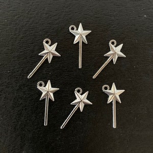 6 silver star wand charms, magic wand, wand pendant, wand star, star wand, silver star charm, fairy wand, princess wand, silver wand, wands