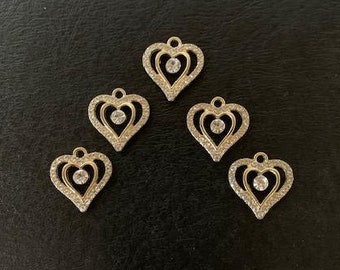 5 gold heart charms, rhinestone heart, gold heart charm, heart charm, heart charm bulk, heart charm gold, gold heart, bulk charms, bulk