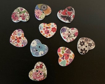 10 random mix floral heart buttons, small heart buttons, assorted buttons, buttons heart, floral heart, flower buttons, craft buttons, heart