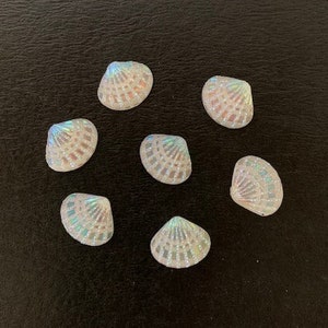 May include: Seven iridescent white seashells with a pearlescent finish. The shells are arranged in a circle on a black background.