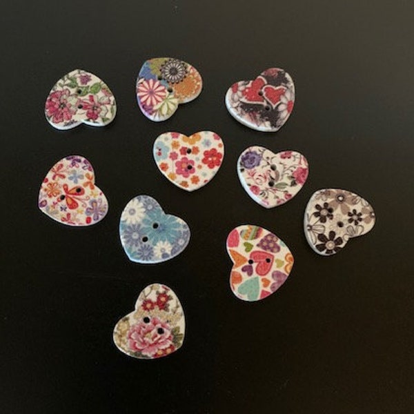 10 random mix floral heart buttons, small heart buttons, assorted buttons, buttons heart, floral heart, flower buttons, craft buttons, heart