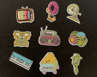 May include: Nine colorful wooden buttons with various retro-themed designs, including a television, a phone, a record player, a microphone, a car, and a piano.