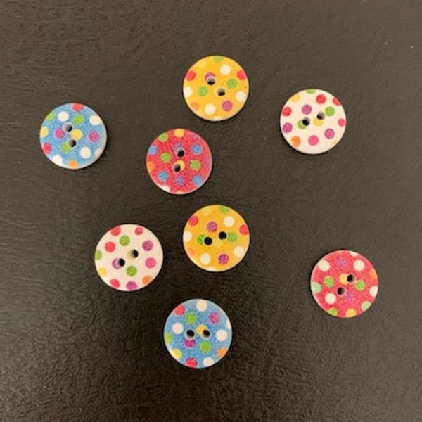 8 random mix polka dot buttons, polka dot buttons, dot buttons, wood buttons, 15mm wood buttons, 15mm buttons, craft buttons, buttons wood