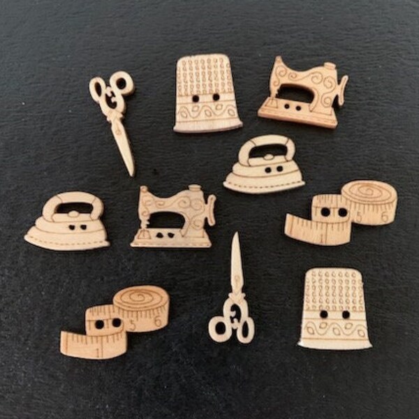 10 sewing theme buttons, wood buttons, wood sewing machine, wood thimble, sewing theme buttons, iron, tape measure, wood scissor, sewing
