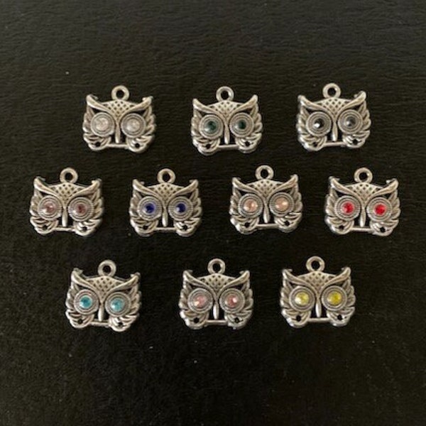 10 silver owl head charms, metal charms, owl charms, owl charm, owl charm bracelet, owl pendant, owl pendent, silver owl charm, owl jewelry