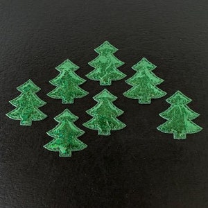 7 sparkly green satin tree appliques, christmas trees, christmas decor, christmas applique, green tree fabric, spruce tree, christmas crafts