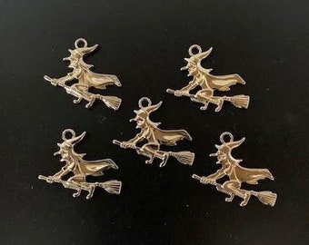 5 gold witch charms, flying witch, witch charms, witch pendant, witch jewelry, witch on broom charm, witch on broom, gold witch charm, witch