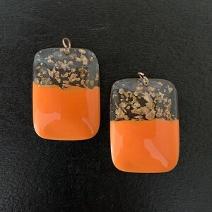 2 lg orange & clear w/gold flecks pendants, orange pendant, orange pendent, large pendant, orange acrylic, acrylic pendant, orange and gold