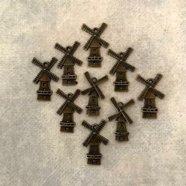 9 bronze windmill charms, windmill charm, windmill pendant, wind mill charm, wind mill charms, bronze windmill, dutch charm, dutch jewelry