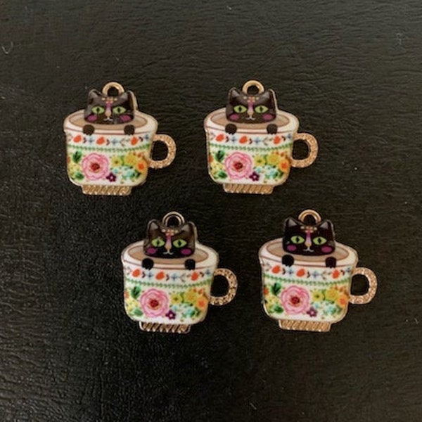 4 cat in teacup charms, cat in teacup, china cups, teacup charm, cat charm, cat charm bracelet, cat pendant, cat jewelry, black cat charm