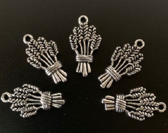 NEW 10pc Antique silver Alloy fall Wheat Harvest bunch fall charms cut out detailed 2 sided Charms Pendants Jewelry Findings 25x13.5mm