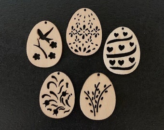 5 random mix chipboard easter egg pendants, wood easter eggs, easter crafts, easter eggs, easter pendant, decorative eggs, wood eggs, easter